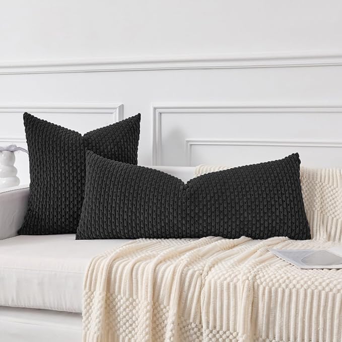 Kevin Textile Soft Corduroy 20"x54" Body Pillow Cover 1 Pack, Black | Boho Stripe Plush Corduroy Decorative Oblong Cushion Cover Modern Farmhouse Home Decor for Sofa Couch Bed Chair