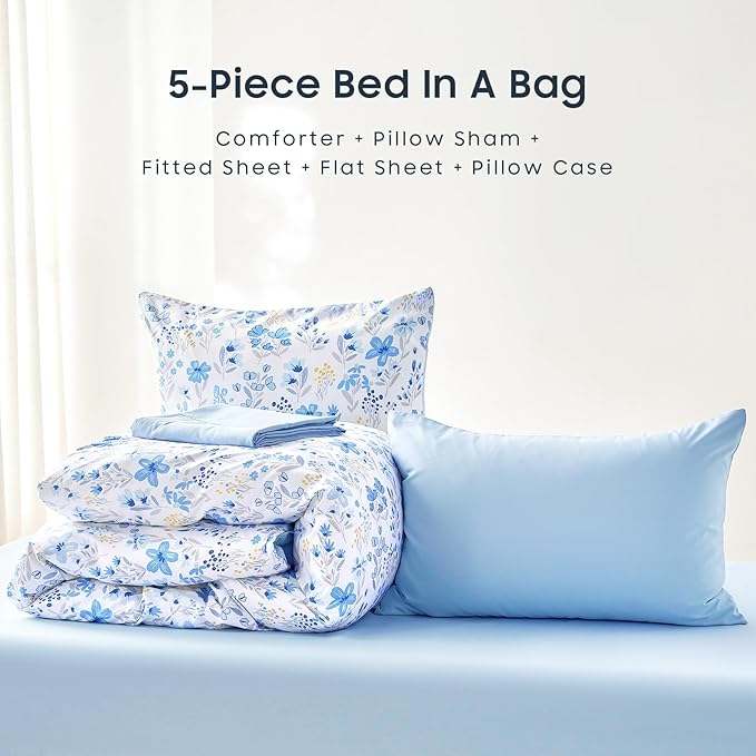 Wake In Cloud - Floral Bedding Set for Girls, Cute Colorful Botanical Flowers Patterned Soft Lightweight Comforter Set with Sheets, 5 Pieces Kids Bed in a Bag, Blue White, Twin Size