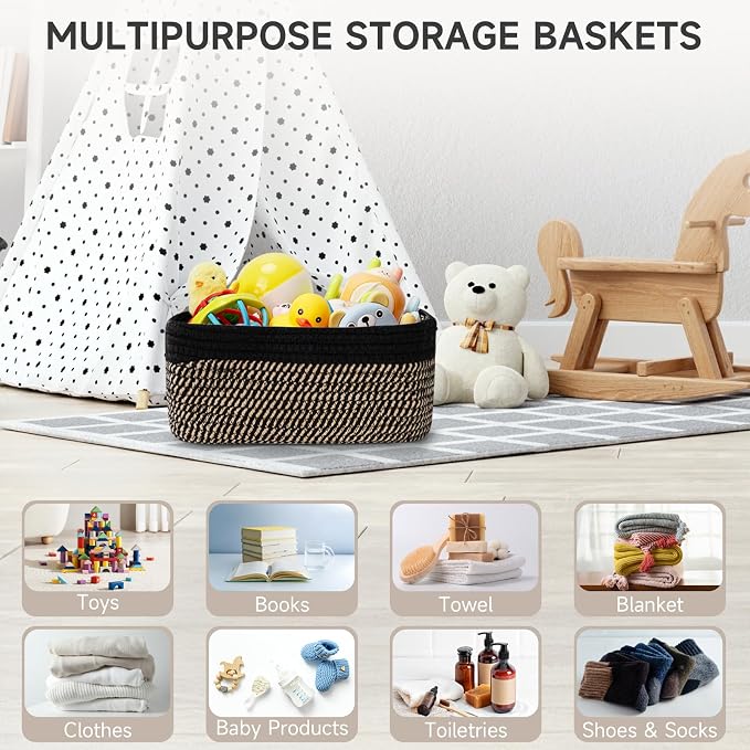 3 Pack Storage Baskets for Organizing, 13.7×9.5×6.3", Black Brown | Woven Baskets for Shelves, Cotton Rope Basket for Gifts Empty, Closet Organizer Bins with Handles, Cube Decorative Box