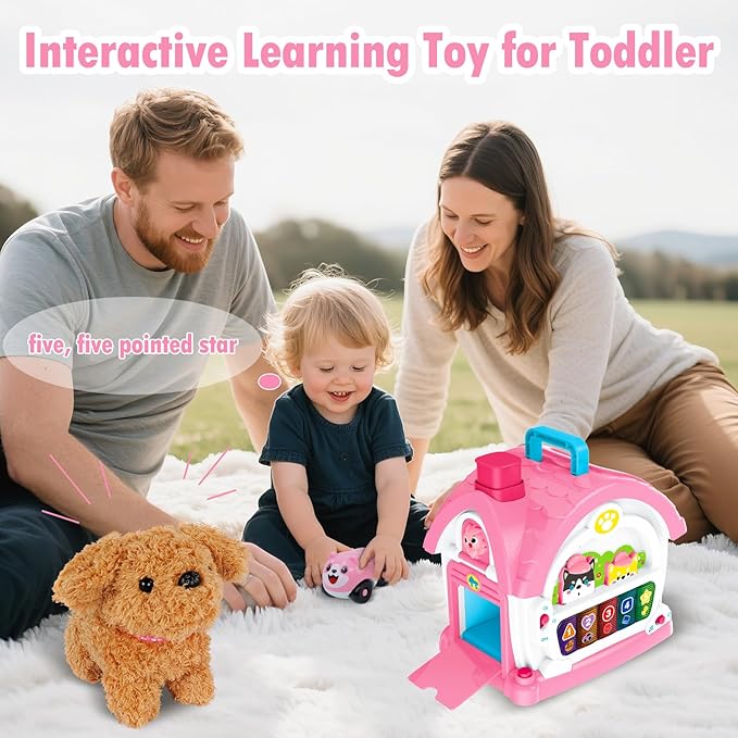 Montessori Toys for 1 2 3 Year Old Girl Gifts, Musical Toy House with Stuffed Puppy, Car, Baby Toys 12-18 Month, Learning Educational Toy for Toddler 1-3, First Birthday Gifts for Girls (Pink)