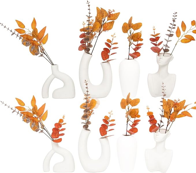 260 Pcs Fall Mixed Greenery Artificial Eucalyptus Stems Bulk, 6 Kinds of Fake Eucalyptus Leaves, Autumn Faux Floral Arrangement for Wedding Bouquet, Farmhouse Home Thanksgiving Decor (260, Orange)