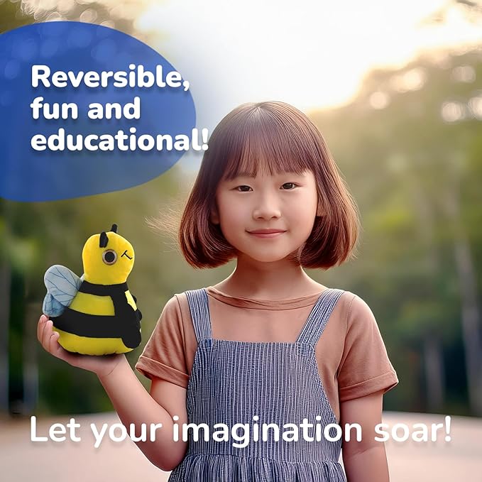 Plushie Bee - Reversible Stuffed Animal, Small Plushies - Soft & Cuddly Plushie - Sensory Toy, Eco Friendly, Educational - Egg to Bee - Kids Pushies - Coloring TAG - Gift for All Ages