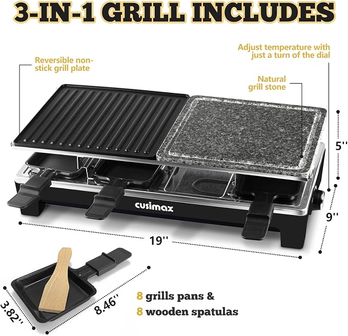 Raclette Table Grill, CUSIMAX Indoor Grill Electric Grill, Black | Portable Korean BBQ with 2 in 1 Reversible Non-stick Plate & Natural Grill Stone, 8 Raclette Pans & 8 Wooden Spatulas, 1500W