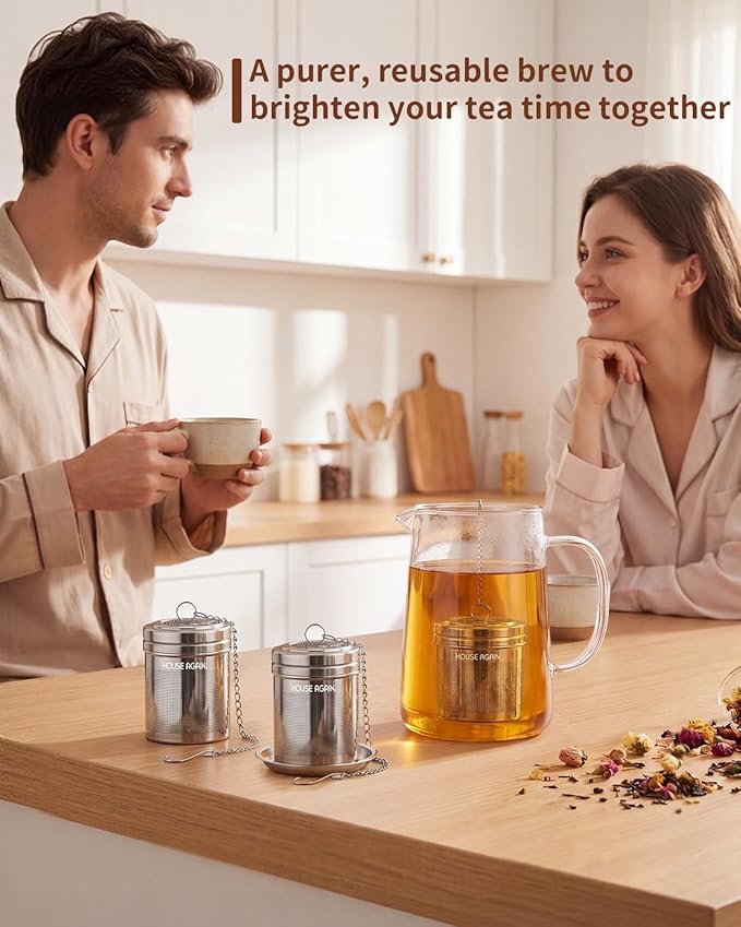 House Again 2 Pack Tea Strainers for Loose Tea, Extra Fine Mesh Tea Infuser, 304 Stainless Steel with Chain Hook, Loose Leaf Tea Steeper for Brew Tea Spices & Seasonings, Geometric Design