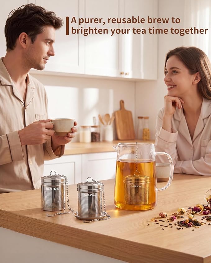 House Again 2 Pack Tea Strainers for Loose Tea, Extra Fine Mesh Tea Infusers, 304 Stainless Steel with Extended Chain Hook, Loose Leaf Tea Steeper, Tea Filter for Brew Tea Spices & Seasoning