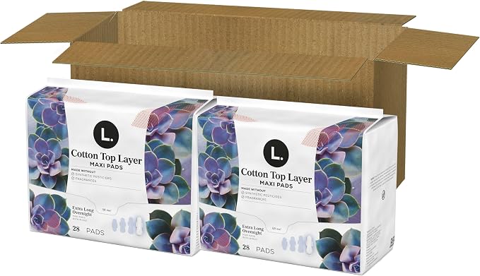 L. Extra Long Maxi Pads for Women, Overnight Absorbency, Organic Cotton Top Layer, Unscented Pads with Wings, 56 Count (Pack of 2)