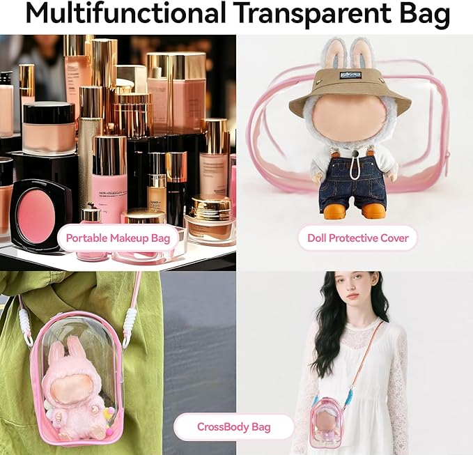 PVC Protective Case for Lububu 17cm Plush Doll, Blind Box Doll Display Case for Lafufu, Clear Hanging Storage Bag Keychain, Doll Clear Bag Carrying Bag for Figures (Pink)