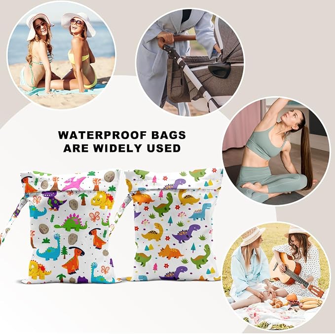 2 PCS Dinosaur Style Travel Laundry Bags 12x10 Inch, Waterproof Reusable Wet Bag with Handle, Wet Dry Bag for Swimsuit Travel Beach Pool Diapers Dirty Yoga Gym Clothes Stroller Toiletries
