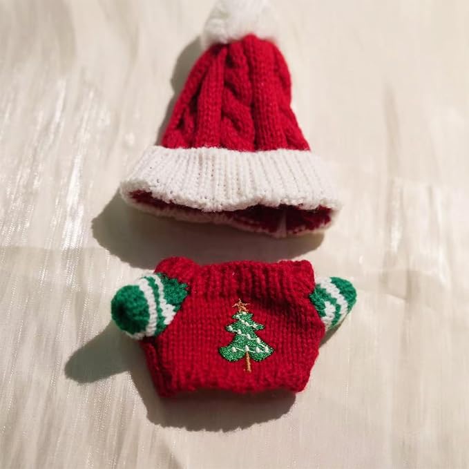 17cm Dolls Christmas Outfit - 2-Piece Clothing Set for Labubu Clothes Set Including a Knitted top&hat Accessories, Christmas Clothes for Labubu Dolls Accessories- (No Doll)
