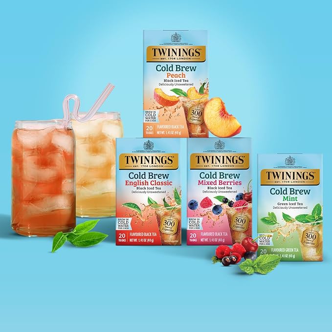 Twinings Peach Cold Brew Iced Tea Bags, 20 Count (Pack of 1), Unsweetened Flavoured Black Tea, Caffeinated, 20 Teabags