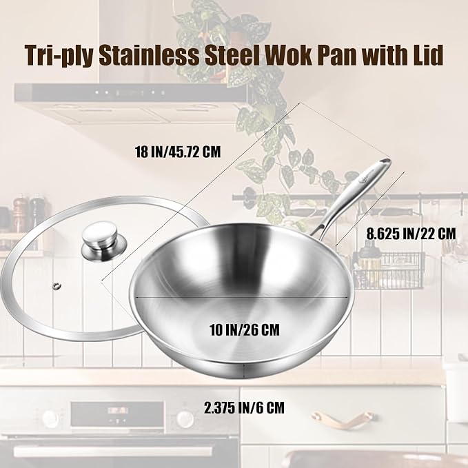 LOLYKITCH 10-Inch Stainless Steel Wok with Glass Lid | Riveted Handle | Small | Uncoated Tri-Ply Stir Fry Pan | Everyday Cooking Wok for Induction | Flat Bottom | SGS Certified Cookware | PFOA-FREE