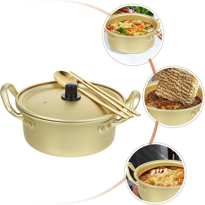 PRETYZOOM Korean Ramen Pot with Spoons and Chopsticks, Aluminum Fast Heating Cooker for Ramen, Soup (16cm)