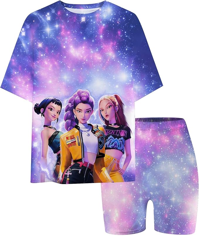K-POP DEM0N Hunters Outfits for Girls, 2 Piece T-Shirts and Apparel Sets Birthday Gift