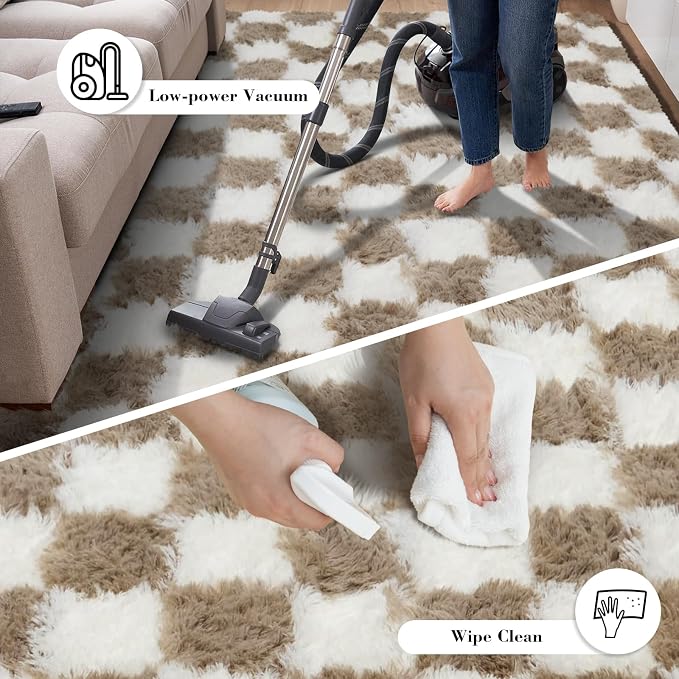 Checkered Rug for Living Room, 8x10 Beige and White Area Rugs, Classic Checkered Carpets Shag Area Rug, Bedside Rugs for Living Room Bedroom Room Home Decor