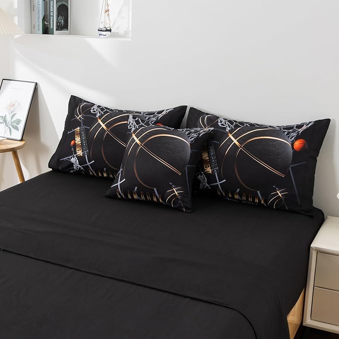 A Nice Night Basketball Court Printed Comforter Sets,with Sportsman Slam Dunk Printing 6Pcs Bedding Set in a Bag for Teen Boys,Full