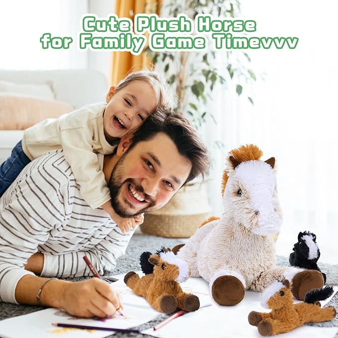 Tezituor 4Pcs Horse Stuffed Animal Set, 21inches Large Stuffed Mommy Horse with 4 Baby Pony Toys, Brown Stuffed Pony Plush Pillow for Boys Girls