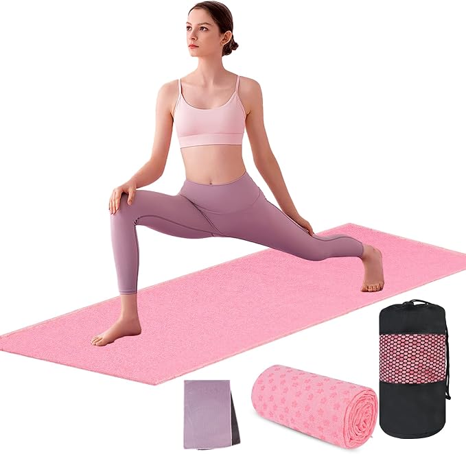flintronic Yoga Towel, Yoga Mat Towel with Grip Dots, Microfiber Yoga Blanket Towels, Soft & Breathable, with Quick Dry Towels and Mesh Carry Bag, for Bikram, Pilates and Workout, 24" x72", Pink