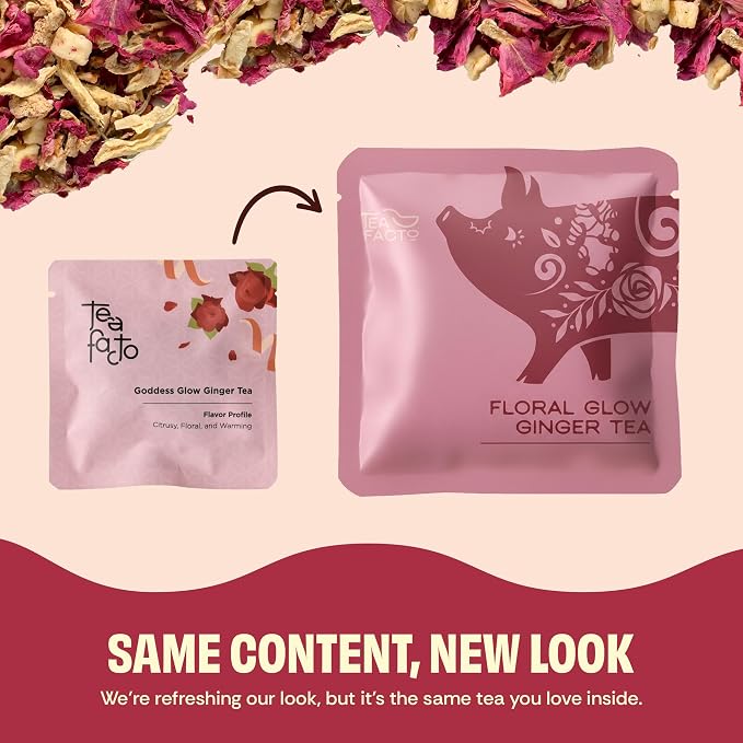 Tea Facto Goddess Glow* Ginger Tea Bags with Dried Ginger Roots, Tangerine Peels, Rose Petals, Dried Apples - Natural Fiber, Zero Added Sugar, Zero Caffeine - 10 Count