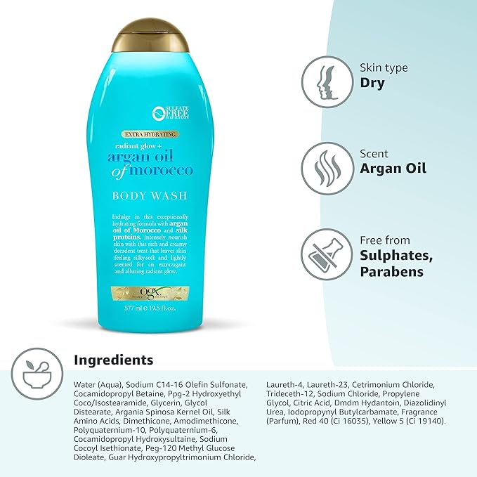 OGX Radiant Glow + Argan Oil of Morocco Extra Hydrating Body Wash for Dry Skin, Moisturizing Gel Cleanser - Silky Soft Skin, Body Wash for Women, Sulfate-Free Surfactants, 19.5 fl oz (Pack of 4)