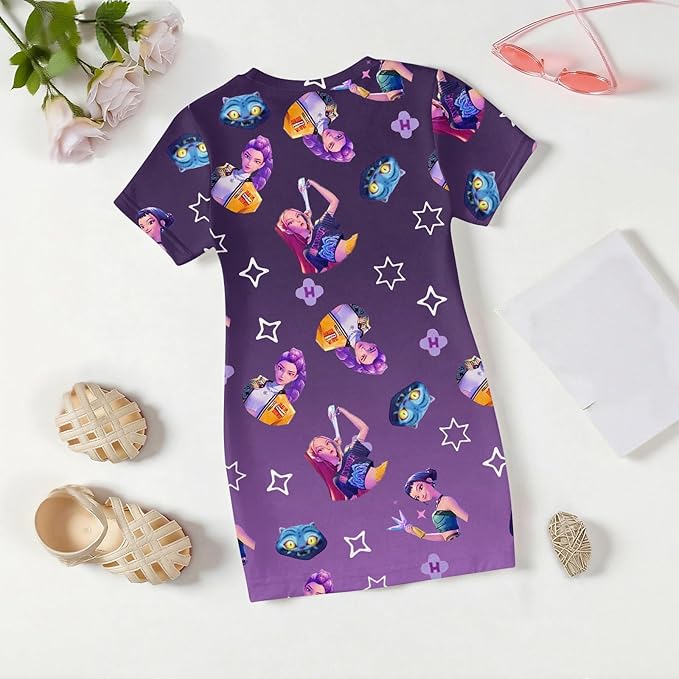 Girl's Anime K-POP Graphic Long Dress T-Shirt - Casual Loose Fit Short Sleeve Top
