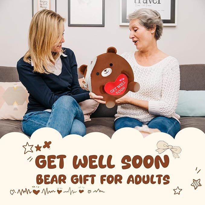 Get Well Soon Bear Plush, Cute Brown Bear Stuffed Animal, Soft Feel Better Gifts for Kids Women Men