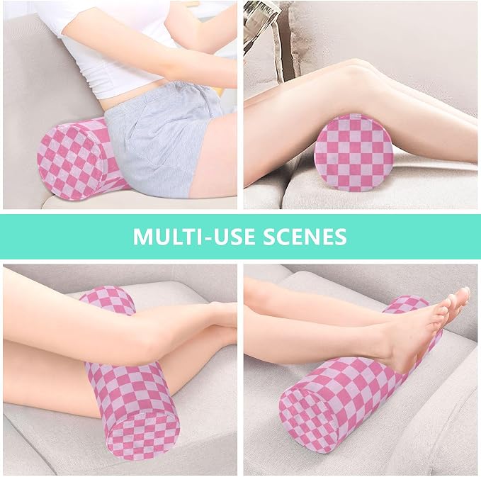 Checkered Pink Neck Roll Pillow Bolster Round Health Memory Foam Long Cervical Cylinder Pillows with Removable Washable Cover for Body Bed Legs Back Yoga