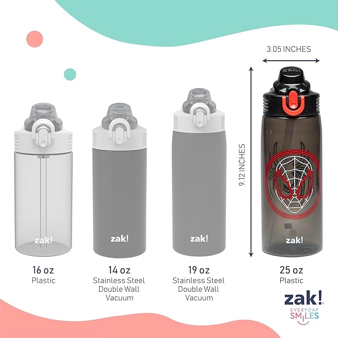 Zak Designs Marvel Spider-Man Sage Water Bottle For School or Travel, 25oz Durable Plastic Water Bottle With Straw, Handle, and Leak-Proof, Pop-Up Spout Cover (Miles Morales)
