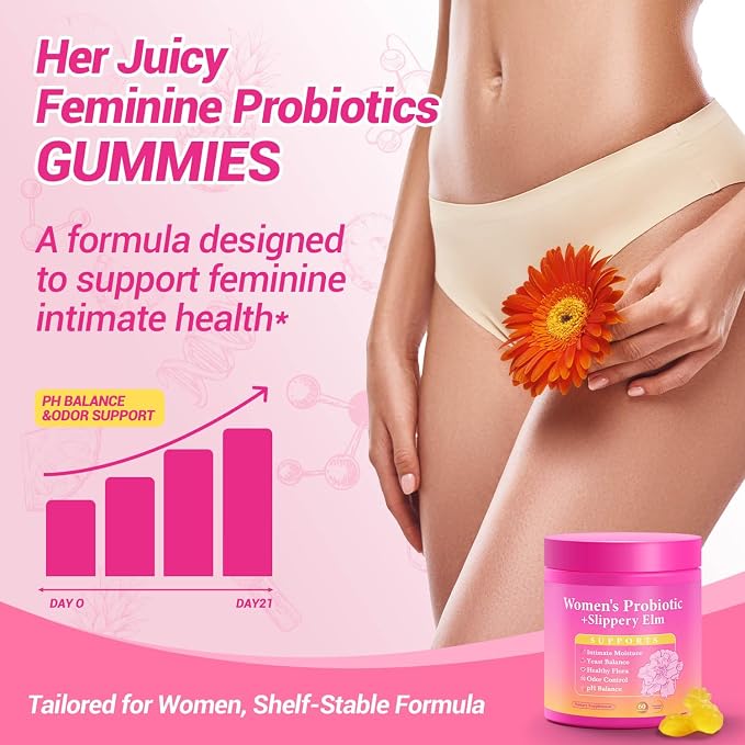 Her Juicy Feminine Probiotics Gummies | Womens Probiotic Slippery Elm, Probiotics for Women | Healthy Odor, pH Balance, Vaginal Health & Flora Support - 60 Pineapple Gummies