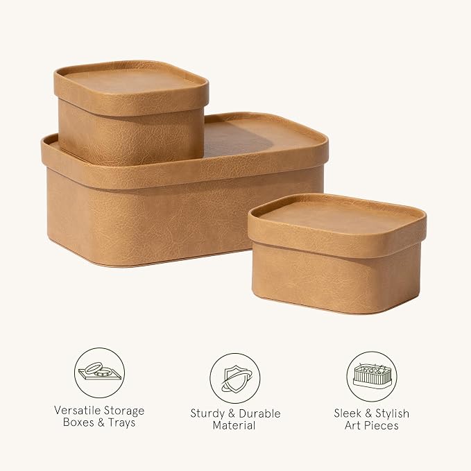 La Jolie Maison Faux Leather Decorative Storage Baskets, Camel 3 Pack | PU Leather Stroage Boxes with Lids, Organizer for Jewelry and Vanity, Shelves, Drawers, Bedroom & Closet Storage Memory Box