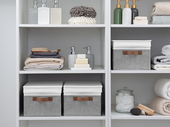 StorageWorks Fabric Storage Bins with Lids, Closet Storage Bins | Lidded Dust-proof, Easy Pull Handles, Foldable, Stackable, Ideal for Clothes Blanket Towel, Large, Gray and White, 3-Pack