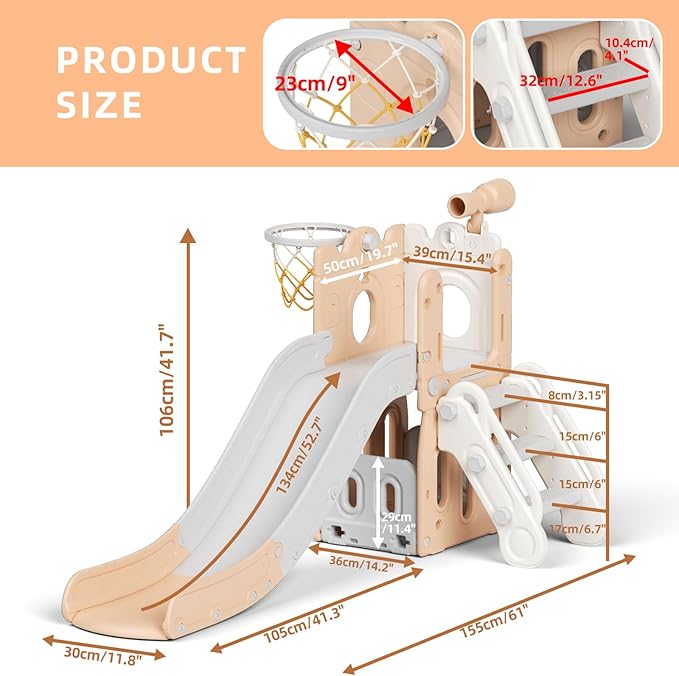 YUFU 6 in 1 Toddler Slide, Kids Climber Slide with Basketball Hoop and Ball, Indoor Outdoor Playset for Toddlers Age 1-3 (Pink Gray)