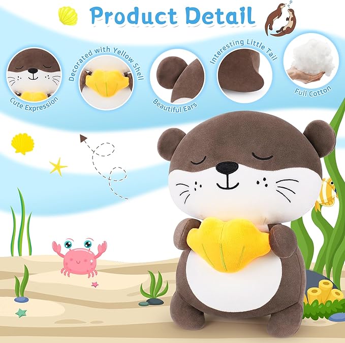Achwishap Otter Stuffed Animal,Soft Otter Plush-14” Kawaii Birthday Gifts for Kids,Cute Plushies Animal Plush Toys Cuddle Pillow for Girls Boys Adults,Yellow Shell Plushies,Brown