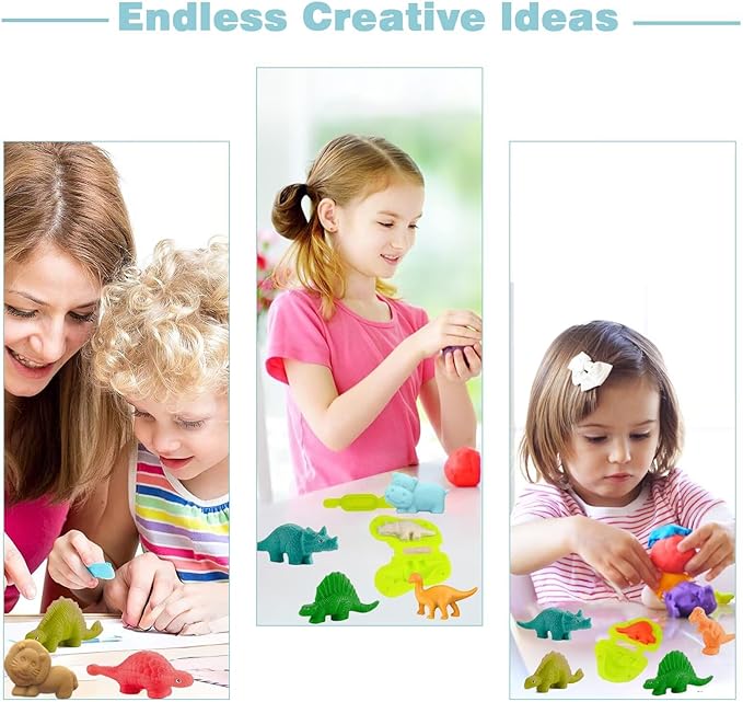 Unleash Creativity with 6 Unique Dino Molds and 53 Pcs Play Dough Tools Sets Dough Whit 5 Bright Color Dough.Ideal as a Gift for Kids Aged 3-4-8 Years