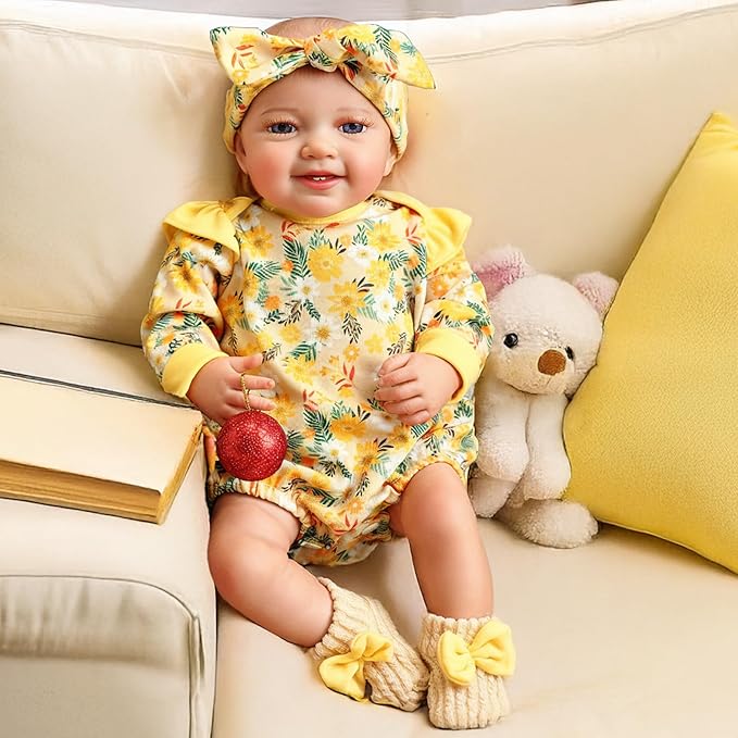 BABESIDE 3 Pcs Reborn Baby Doll Clothes for 17-22 Inch Babydolls, Floral Pattern Doll Clothes Onesies with Shoes and Headband for Lifelike Reborn Baby Dolls Accessories, Yellow