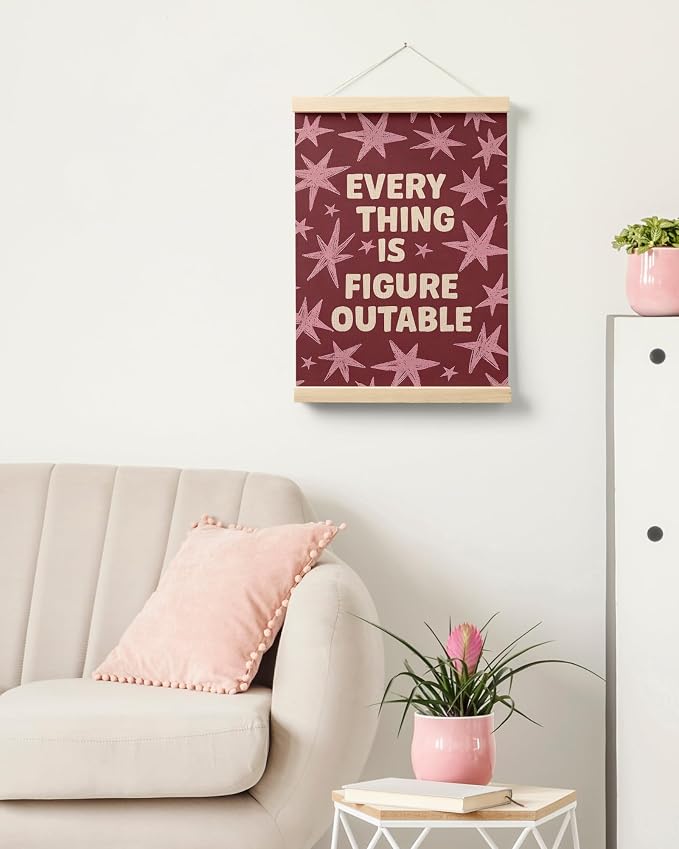 FGFK Everything Is Figureoutable Inspirational Wall Art Poster Hanger Frame, Retro Red and Pink Star Positive Affirmations Canvas Prints Framed Wall Decor for Home Classroom Office, 12x16 Inch