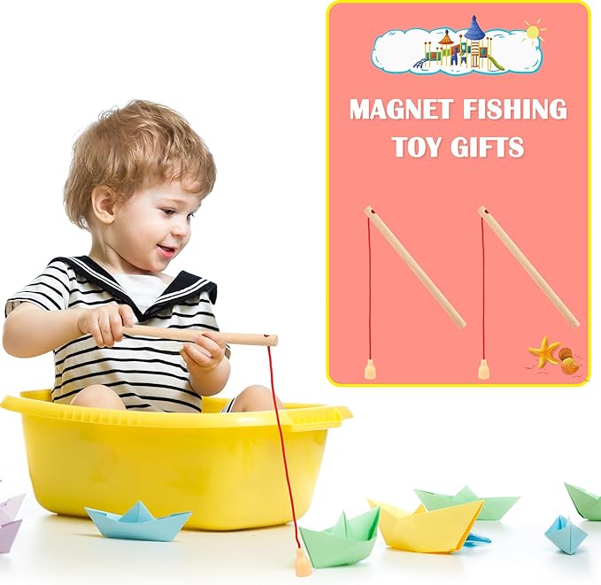 40 Pcs Magnetic Fishing Rod Wooden Magnetic Fishing Poles Mini Fishing Pole Toys for Preschool Girl Boy Pool Activity Accessory (Color Set 1)