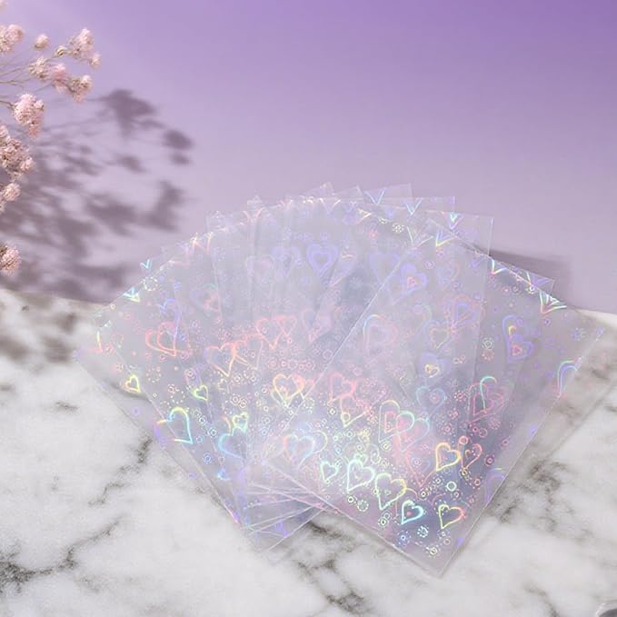 100pcs Photocard Sleeves, 3.58x2.56 in Love Heart-Shape Laser Flashing Card Sleeves Holographic Foil Protective Cover for Card Enthusiasts