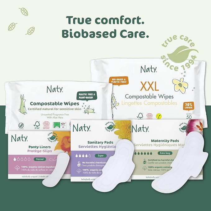 Naty Sanitary Pads for Women with Wings, Overnight Absorbency, 10 Count | 100% Organic Cotton top Sheet, Certified Skin-Safe for Periods, Unscented, Comfortable & Breathable