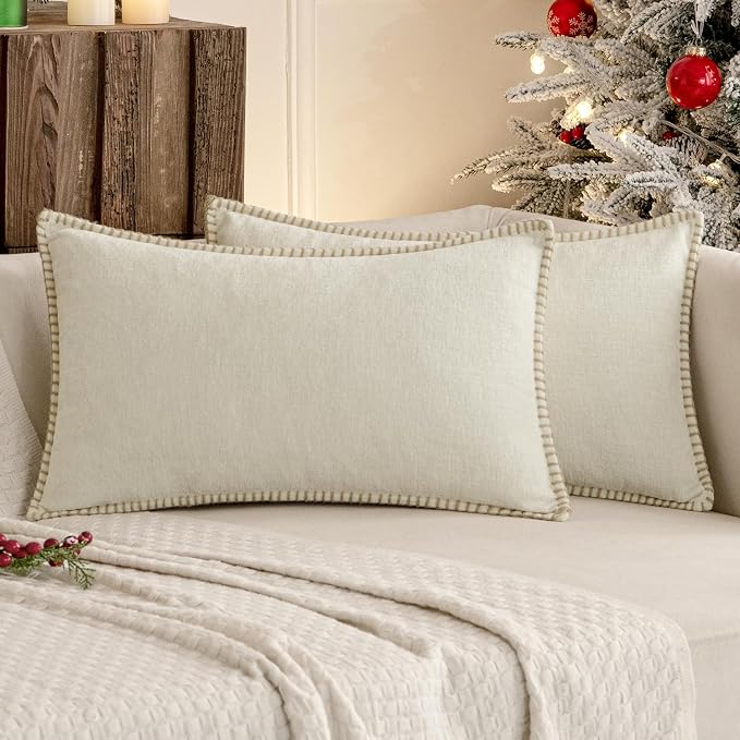 MIULEE Decorative Lumbar Throw Pillow Covers 12x20 Inch Cream White 2 Pack | Farmhouse Pillow Covers with Stitched Edge, Soft Chenille Cushion Cases, for Couch Sofa Bed Living Room Home Decor