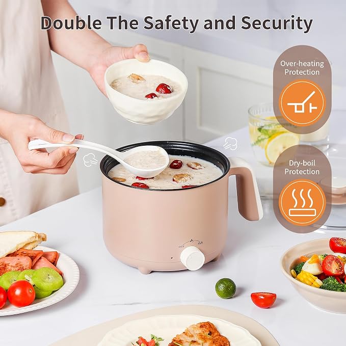 1.5L Electric Pot Non-Stick Ramen Cooker for Travel | Portable Personal Pot with Adjustable Power, for Noodles,Soup,Eggs,Oatmeal,Overheat & Boil-Dry Protection,for Dorm,Office