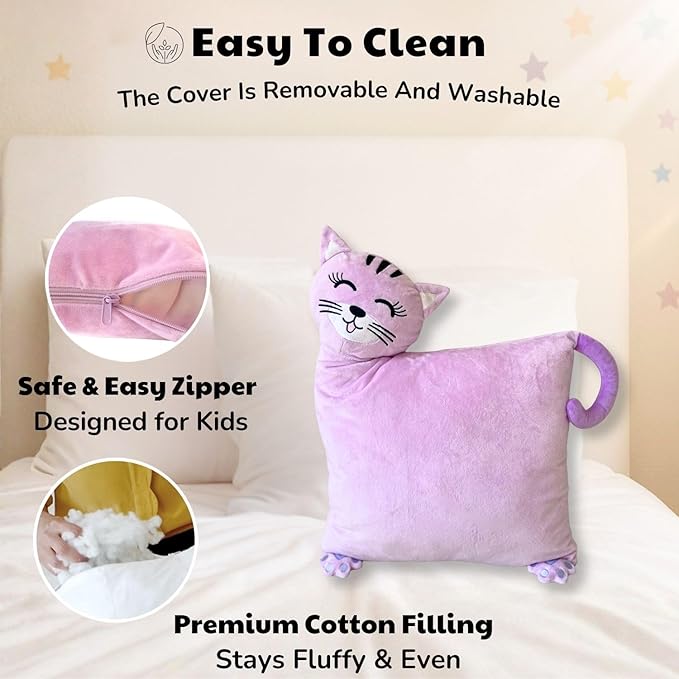 LUNAMIRA Kids Cat Plush Pillow – Cute Bedroom Decor Throw Pillow & Movie-Night Buddy, Cuddle Sleeping Pillow, Soft Comfort Toddler Travel Pillow, Washable Cover, 16”x14” Birthday for Kids