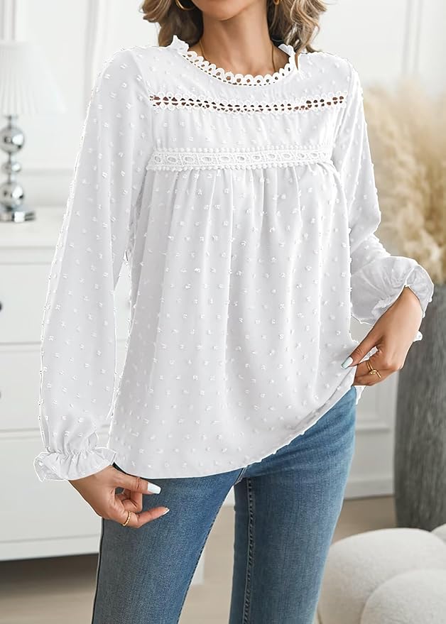 Womens Boho Tops Long Sleeve Shirts For Women Cute Crewneck Blouse Dressy Casual Swiss Dot Crochet Hollow Top 2026