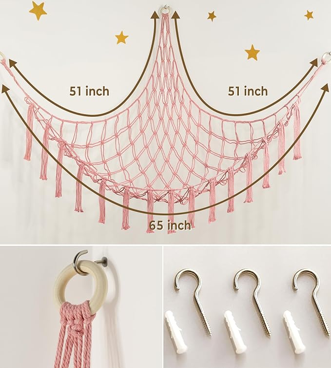 Stuffed Animal Storage Hammock or Net Corner - Large Toy Hammock Net for Stuffed Animals Room Decor - Cute Stuff Animal Organizer Plush Holder - Kids Baby Nursery Essentials Wall Bedroom Home Decor