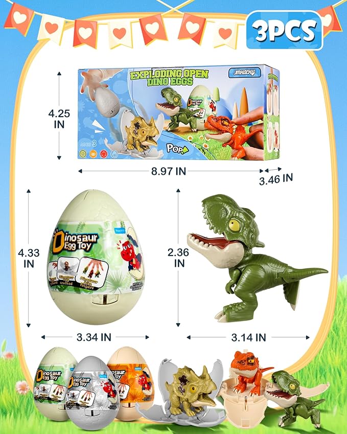 3 Pack Jumbo Dinosaur Eggs - Drop to Hatching Dinosaur Eggs Toys Birthday Gifts for Boys 3 4 5 6 7 8, Christmas Kids Gifts for Grandkids, Easter Basket Stuffer