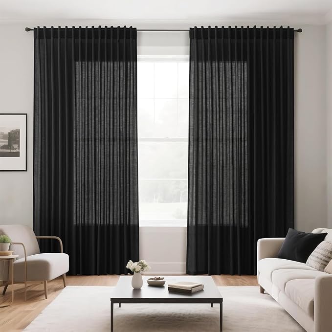 Black Sheer Linen Curtains 70 Inch Length for Living Room Lightweight Door Drapes 2 Panels Set with Back Tab Rod Pocket for Kitchen Kids Bedroom Light Filtering Protect Privacy Window Curtain W52xL70