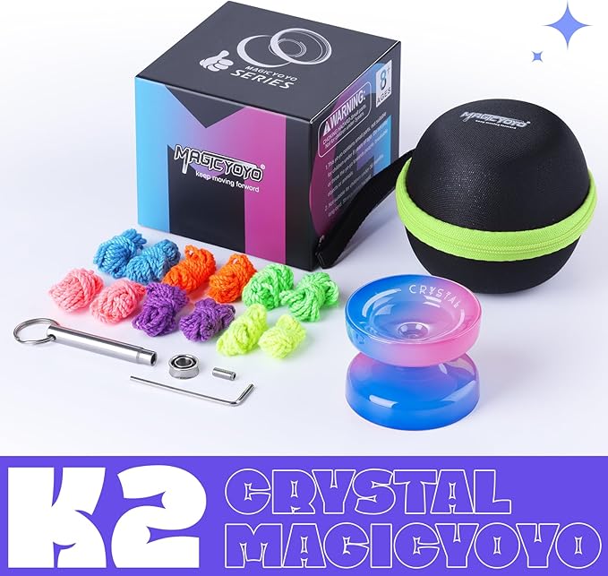 MAGICYOYO K2 Crystal Yoyo for Kids Beginners, Responsive Yoyo with Unresponsive Bearing for Replacement, Plastic Yo-yo Professional with 12 Yo yo Strings, Case Bag, Yo-Yo Accessory Set-Blue Pink