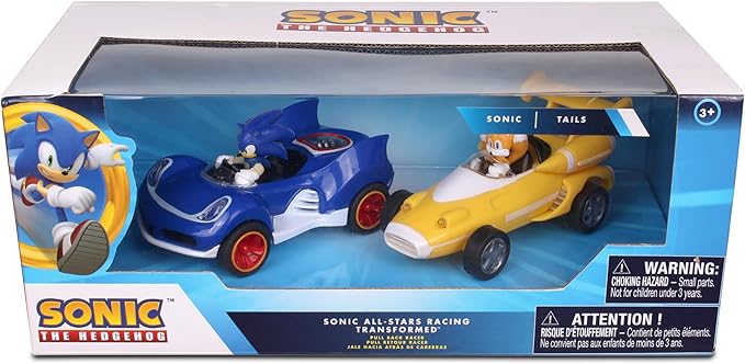 NKOK Sonic Transformed All-Stars Racing 2 Pack Pull Back Action: Tails and Sonic Hedgehog, Two Vehicles, Video Game Legends, No Batteries Required, Pull Back – Release - and Watch it go