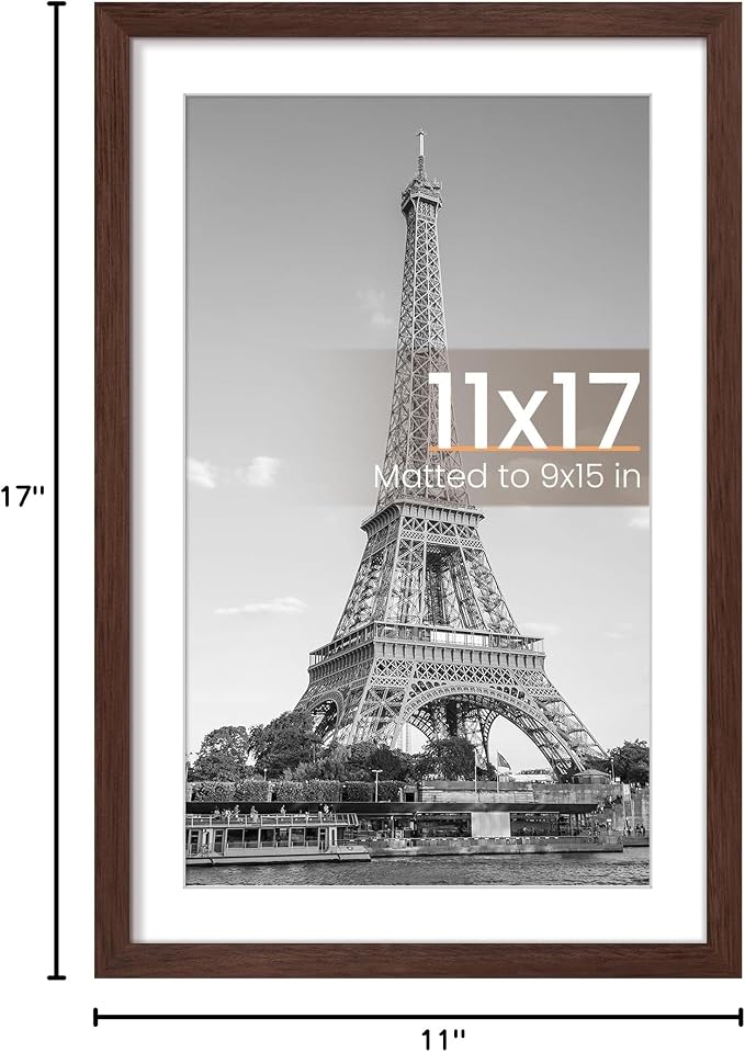 upsimples 11x17 Picture Frame, Display Pictures 9x15 with Mat or 11 x 17 Without, Wall Hanging Poster Frames, Brown, 1 Pack