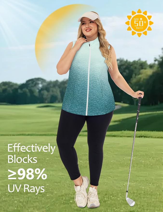 Misyula Style Plus Size Womens Golf Shirt Full-Zip with Pockets Tank Tops | Sleeveless, Quick Dry, Moisture-wicking, Lightweight Vests, Athletic, Tennis, Running, Workout, Casual, Travel, Work