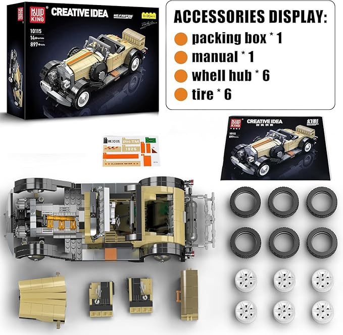 Mould King 10115 Classic Cars Building Kits, MOC Vintage Car Model Building Blocks Set, Gift for Age 14+/Adult Collections Enthusiasts(897+ Pieces, Static Version)